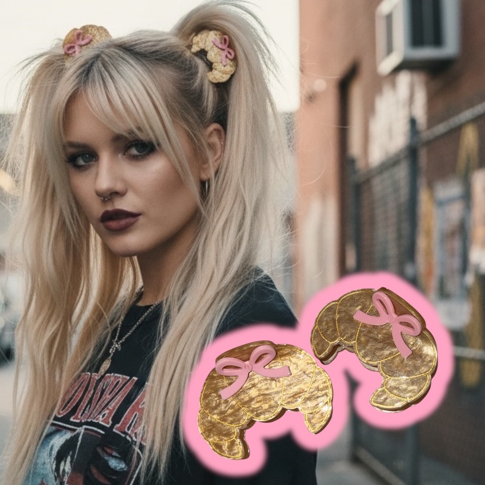🎀 🥐 NEW Set Pink Bow Croissant Claw Clips Hair Accessories 🥐 🎀